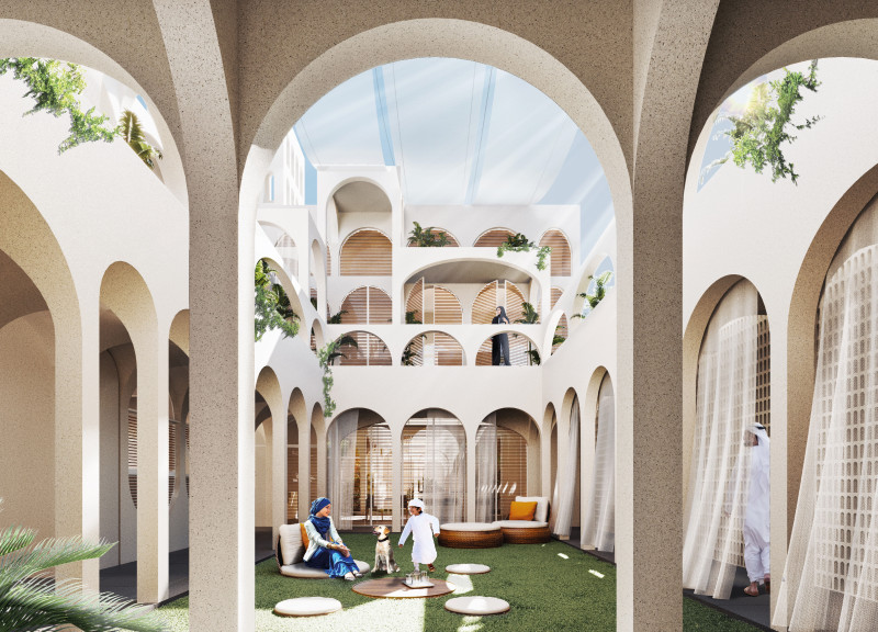 Courtyard Design Featuring Arched Roofs and Natural Ventilation Through Windcatchers