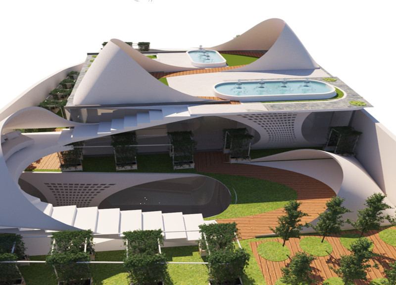 Fluid Tent Structures with Passive Cooling Features and Multi-Level Green Spaces