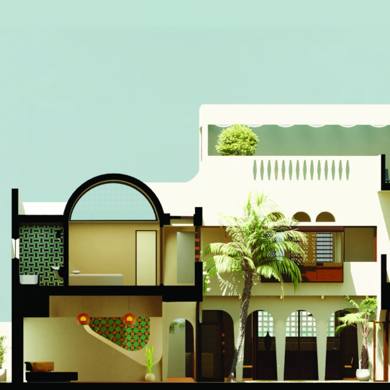 Mud Brick Courtyard with Indoor Gardens Enhancing Natural Ventilation and Community Interaction