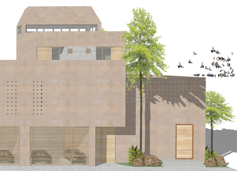 Mudbrick Facade with Expansive Windows and Sustainable Photovoltaic Integration in Residential Design