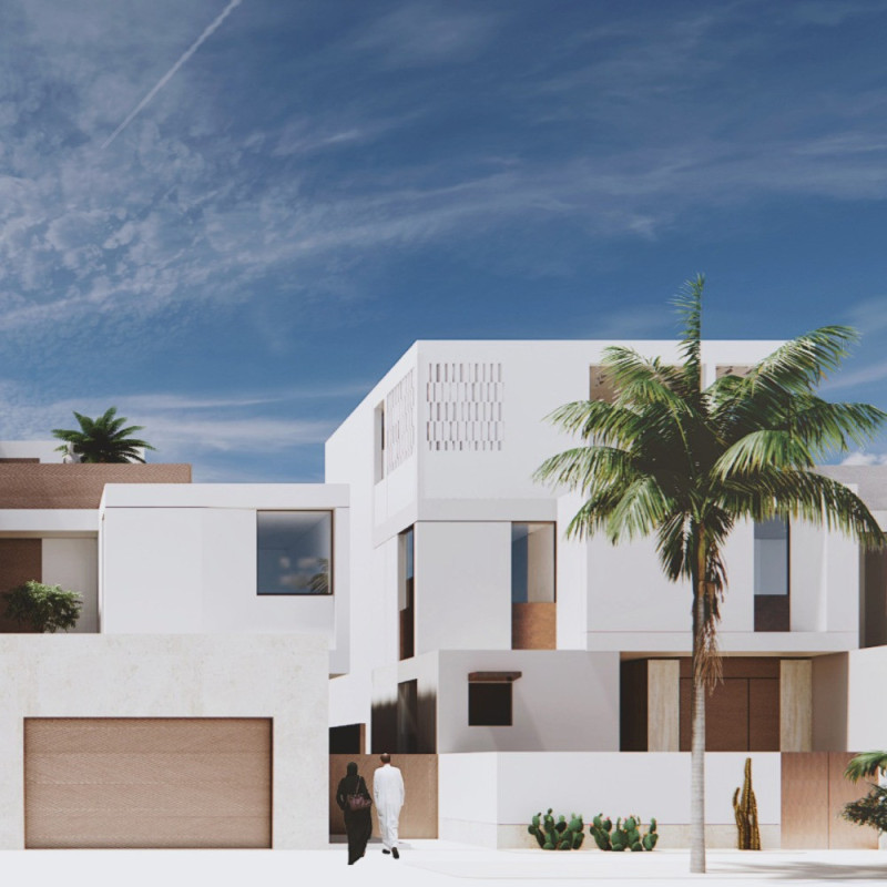 Coral Cladding and Palm Fiber-Cement Panels Shape Sustainable Family Living in the Desert Landscapes