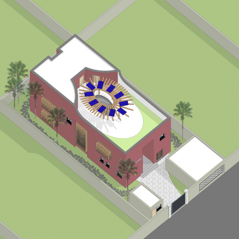 Curvilinear Adobe Structure Embracing Natural Stone and Expansive Greenery