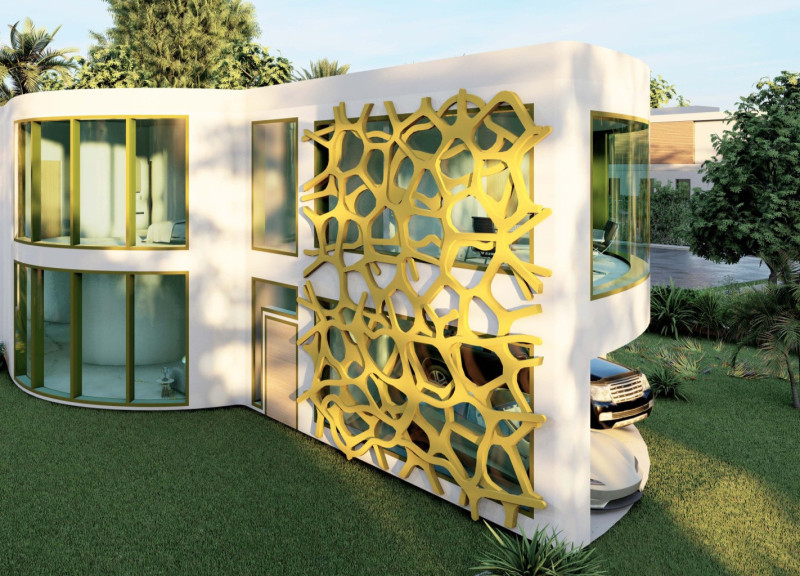 Curvilinear Structure Enhanced by Gold-Lattice Accents and Sustainable Concrete Elements
