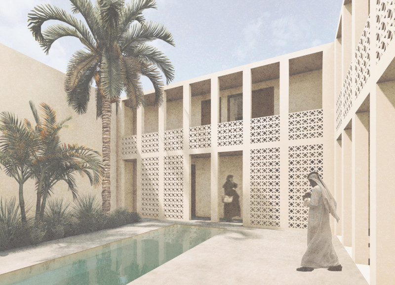 Clay Plaster Facade with Integrated Solar Panels in Desert Family Residence