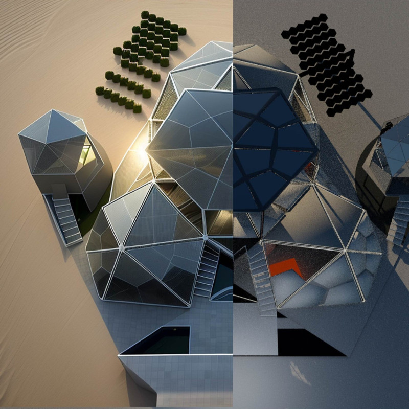 Hexagonal Living Spaces Featuring Aircrete and Smart Glass for Sustainable Community Integration