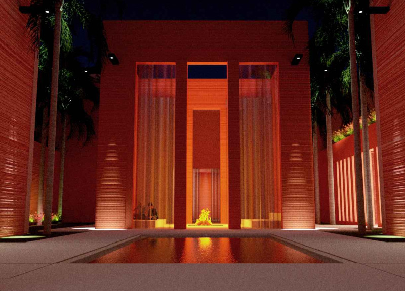 Reflective Pond and Clay Brick Facade Defining Modern Residential Living