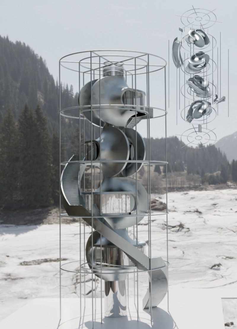 Spiral Structure of Aluminum and Glass Integrates Community Interaction in Natural Landscape