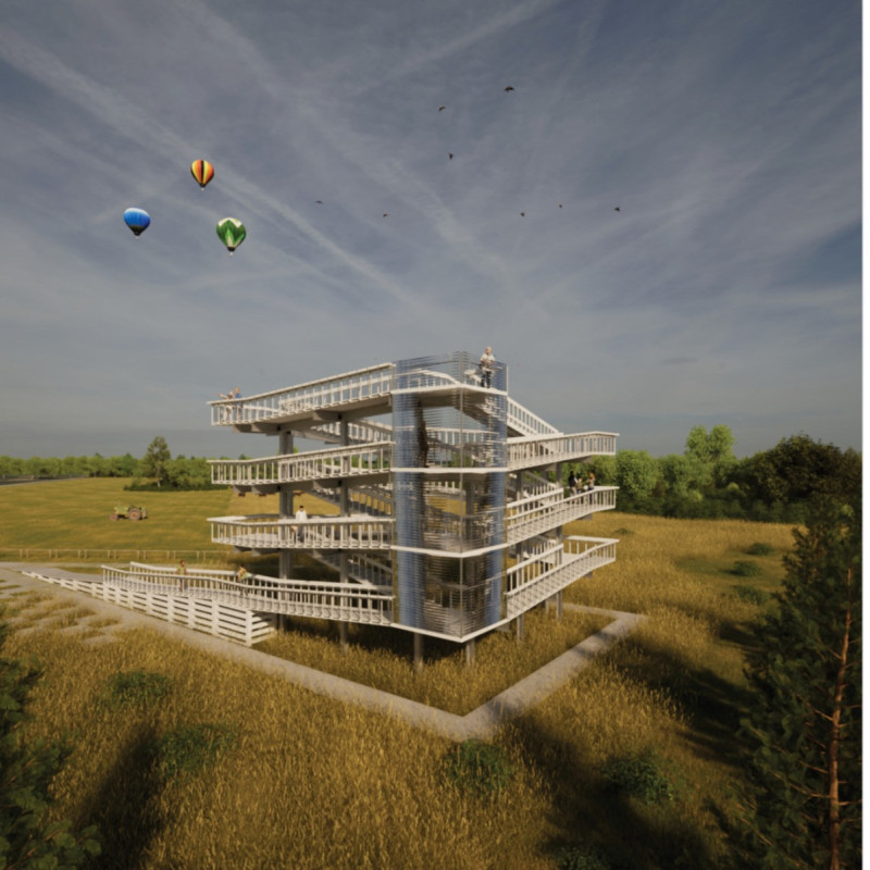 Reflective Steel Tower Elevating Observation Through Laminated Timber Pathways