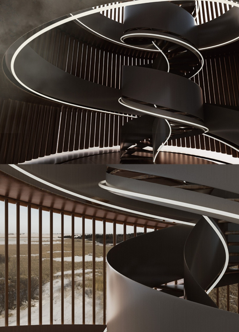 Spiral Observation Tower Crafted from Charred Wooden Shingles and Natural Hardwood