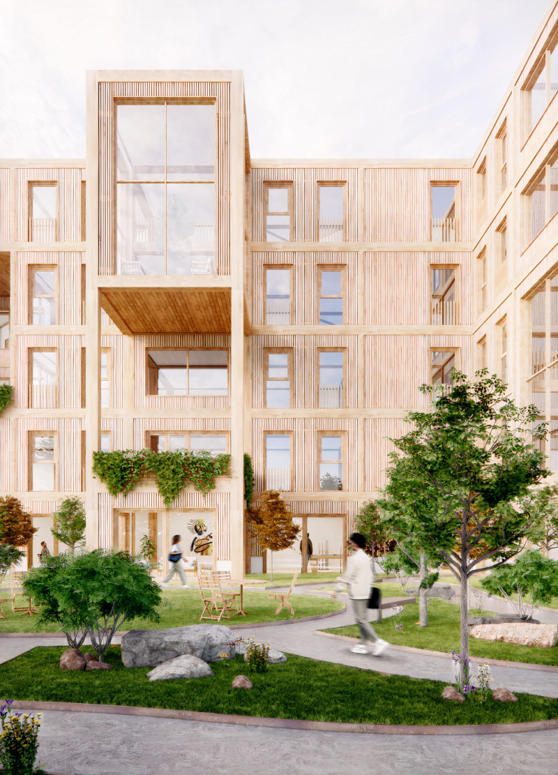 An Urban Community Hub with Modular Wood and Integrated Green Roofs