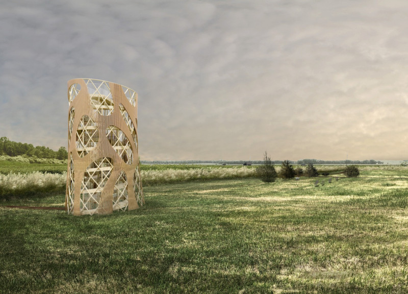 Elliptical Observation Platform Crafted from Cross-Laminated Timber and White Oak, Embracing Prairie Views