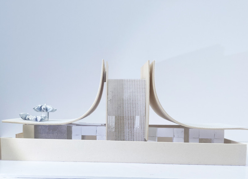 Geothermal Stone Facade with Metal Mesh Canopy in a Climate-Responsive Habitat