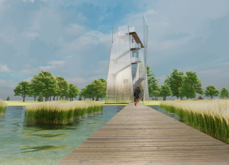 Frosted Glass Shards and Cedar Walkways Enhance Landscape Observation Experience