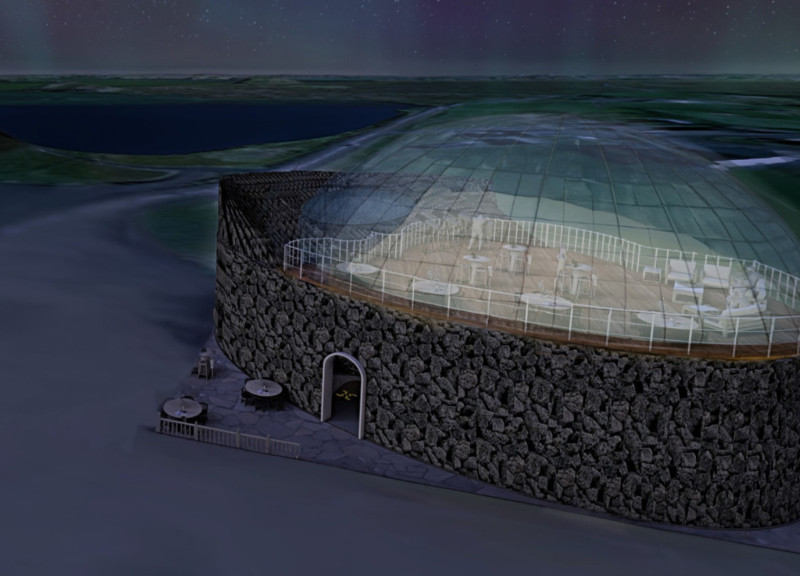 Basalt Clad Sanctuary with Retractable Glass Dome Integrating Community Wellness and Natural Landscape