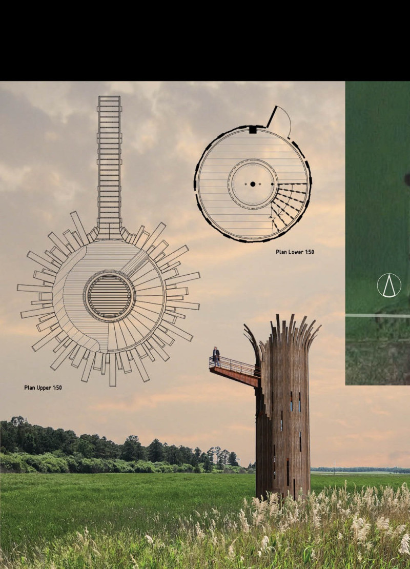 Elevated Viewing Platform Crafted from Warped Wood and Steel Integrating Natural Light