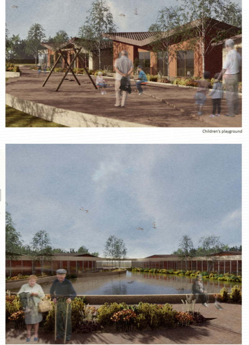 Memory Gardens Enclosed by Baked Clay and Glass in a Triangular Senior Living Facility