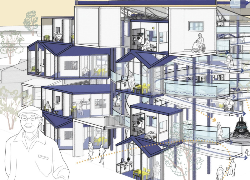 Spiral Ramp and Colorful Glass Panels Enrich Community Living in Sustainable Timber Housing