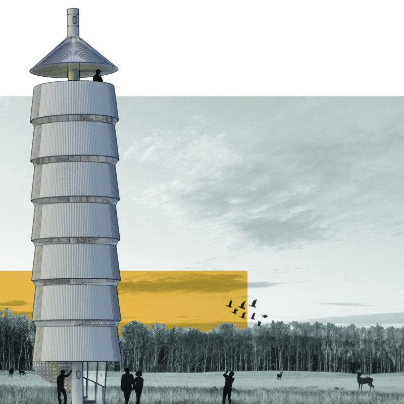 Cylindrical Structure Featuring Corrugated Steel Cladding and Panoramic Views for Community Observation