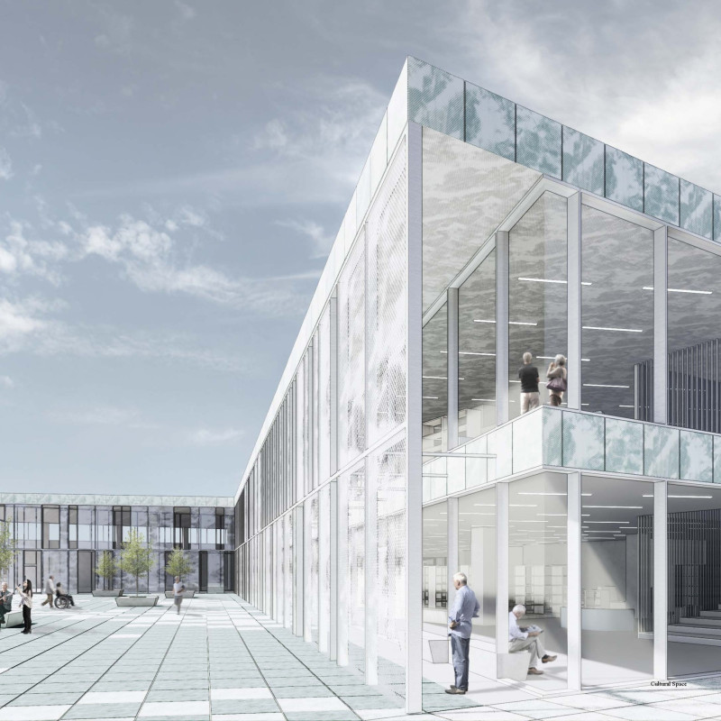 Courtyard-Centered Community Housing Utilizing Metal Screens and Natural Stone