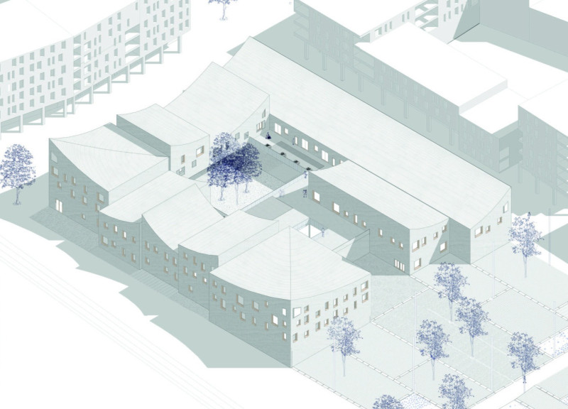 Curved Facades of Charred Wood Shingles and Natural Light in a Senior Housing Community