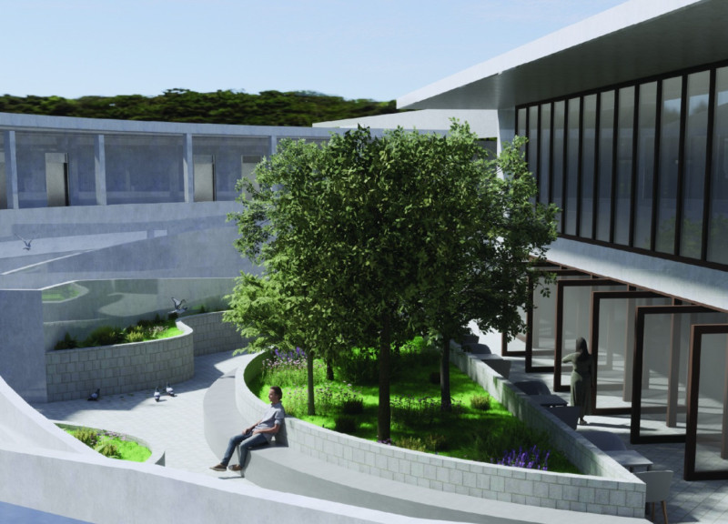 Curved Concrete Forms and Natural Light Integration in Senior Living Environments