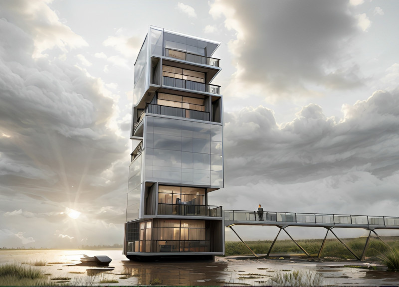 Elevated Observation Tower Constructed with Steel and Glass Overlooking Wetlands
