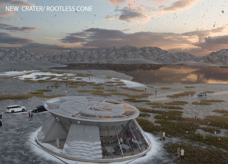 Geothermal Facility Featuring Triangular Roof and Charred Wooden Shingles for Nature Observation