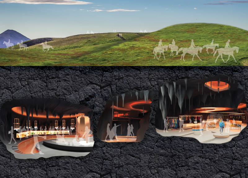 Charred Wooden Shingles and Volcanic Rock Shaping a Subterranean Community Hub