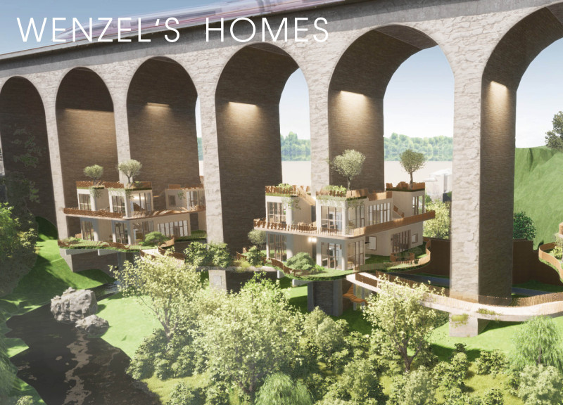 Suspended Living Units Enhanced by Local Sandstone and Green Roofs Beneath Urban Bridges