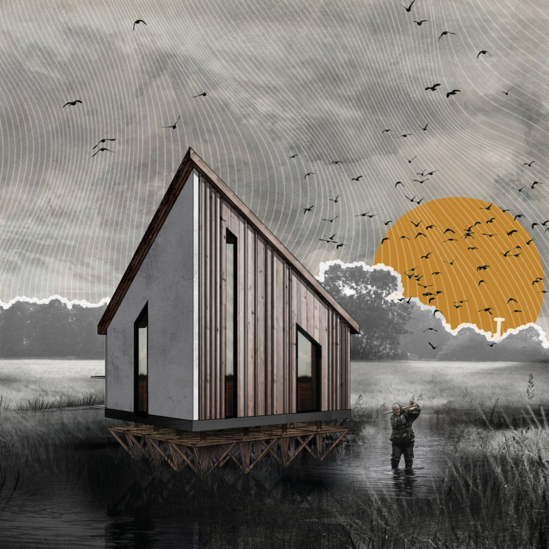 Elevated Diamond-Shape Shelter Crafted with Charred Wooden Shingles and Concrete Resilience