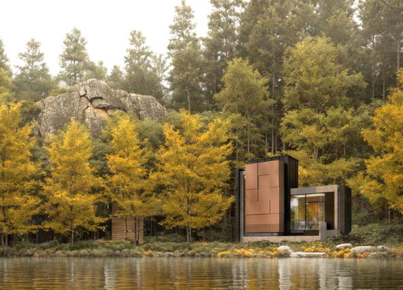 Charred Wooden Shingles and Quadrcore Panels Define a Versatile Lakeside Microhome