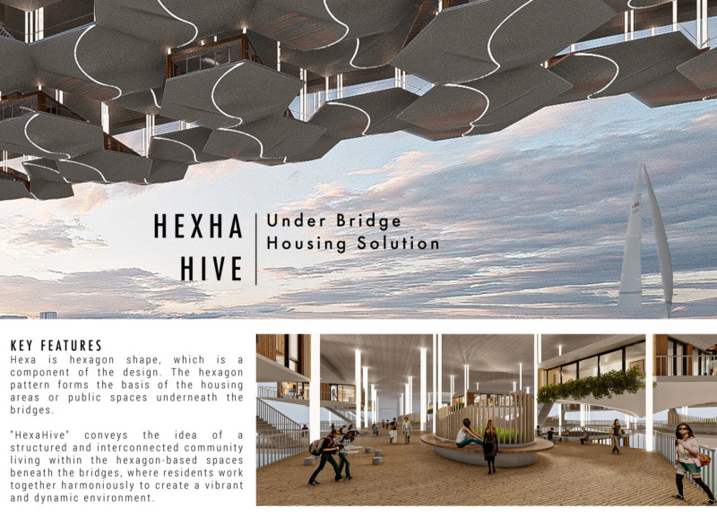 Hexagonal Housing Beneath Bridges Featuring Glass Facades and Solar Panels