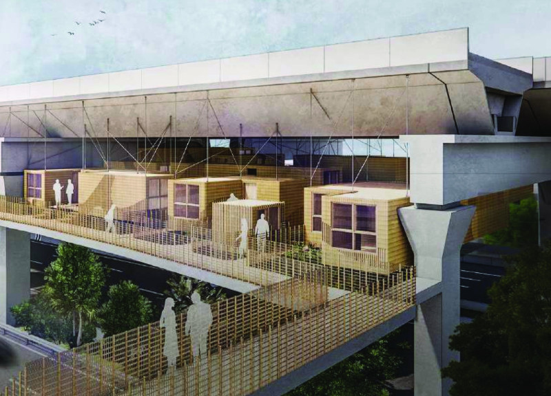 Suspended Container Housing with Integrated Greenery Beneath an Elevated Infrastructure