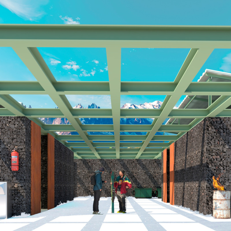 Volcanic Stone Structure Integrated with Solar Technology for Sustainable Ski Retreat