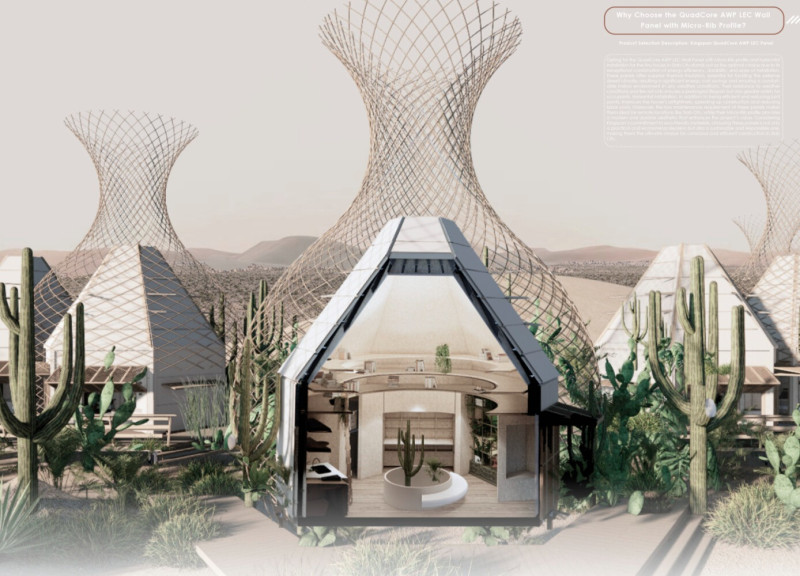 Hexagonal Modules Featuring Hempcrete and Integrated Water Harvesting in Arid Living Spaces