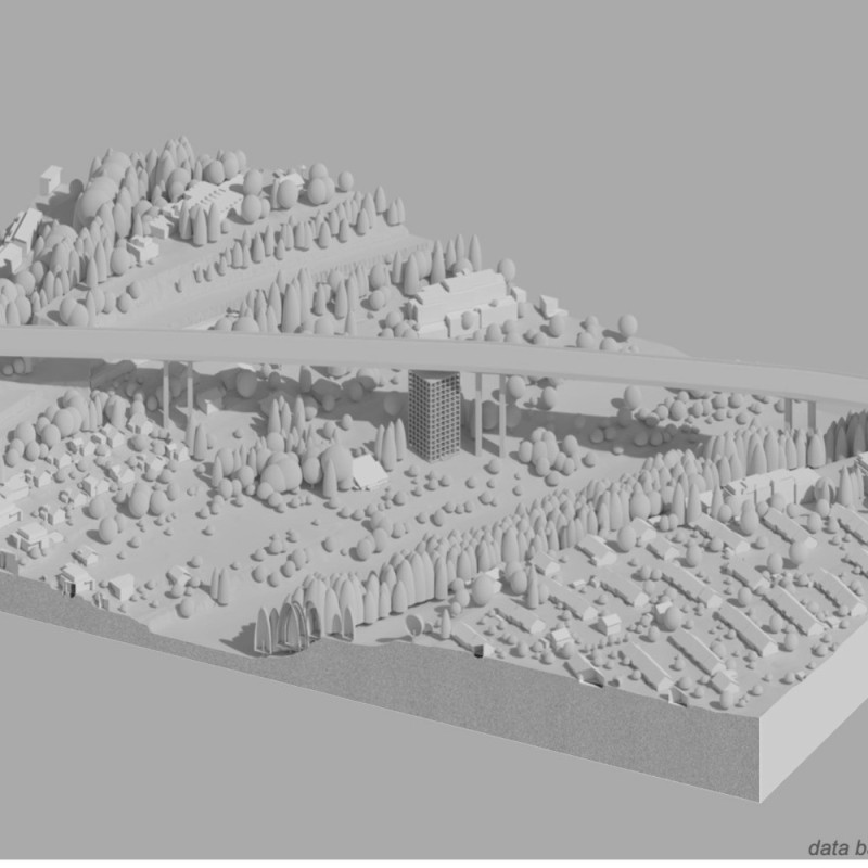 Charred Wooden Shingles and Glass Façades Beneath Urban Infrastructure for Community Living