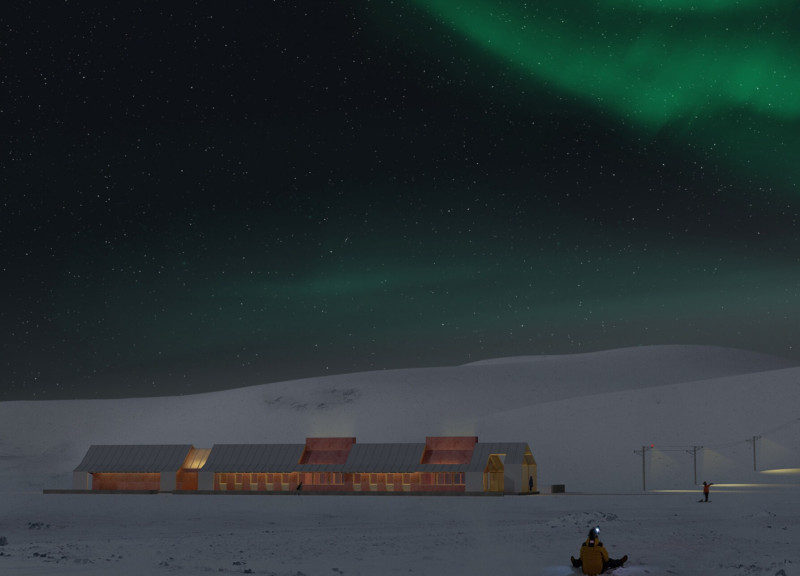 Basalt Facade and Gabled Roof Structure in a Geothermal Ski Cabin
