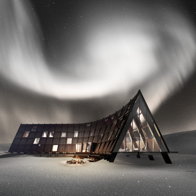 Curved Roof Design Featuring Charred Wooden Shingles and Prefabricated Timber Panels for Community Engagement