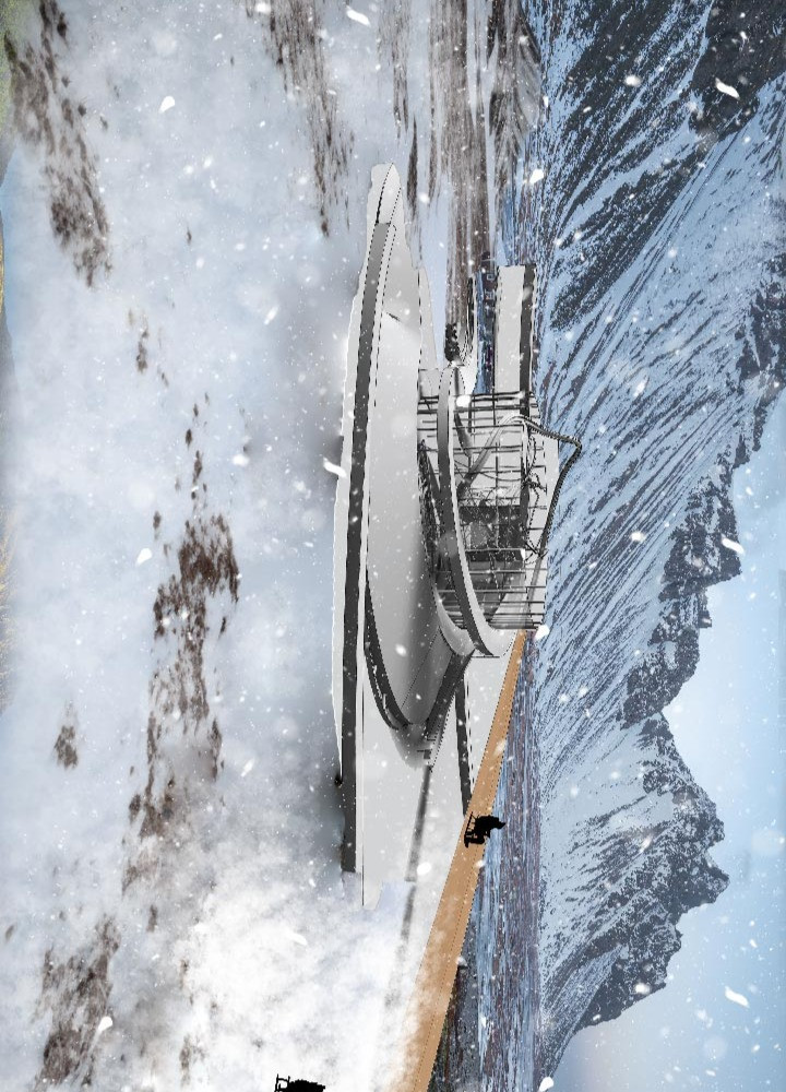 Spiraling Glass Facade with Sustainable Concrete and Charred Wood Elements for Community Engagement