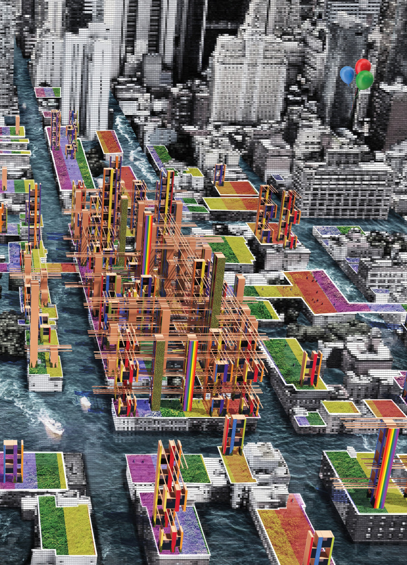 Elevated Community Spaces Enhanced by Permeable Paving and Vertical Greenery