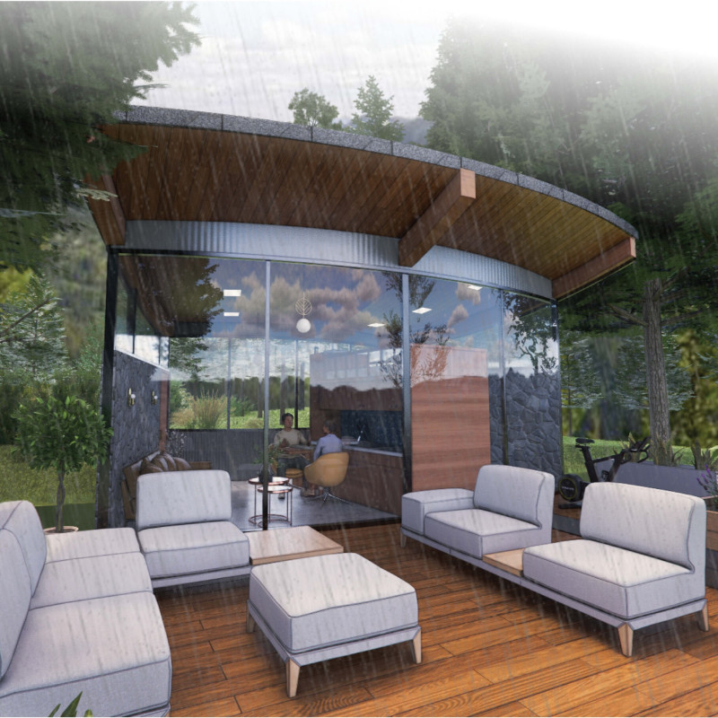 Rainwater Harvesting Retreat with Natural Stone and Operable Design Elements