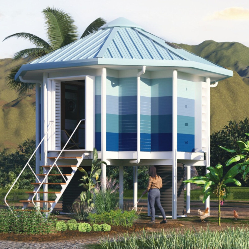 Elevated Octagonal Shelter Crafted from Galvanized Steel and Engineered Wood Panels