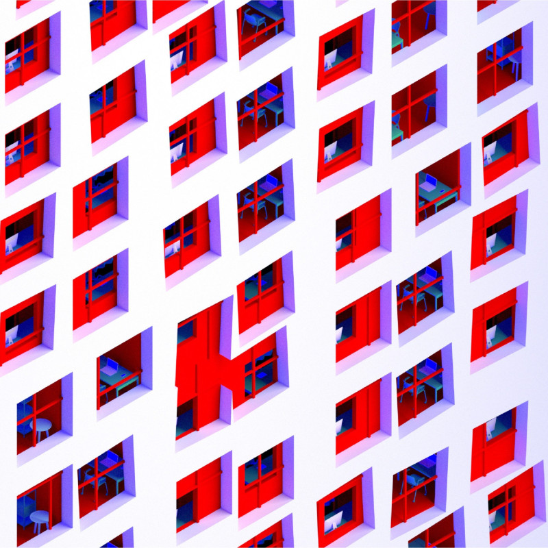 Playful Asymmetrical Facade Featuring Colorful Glass and Flexible Workspace Integration