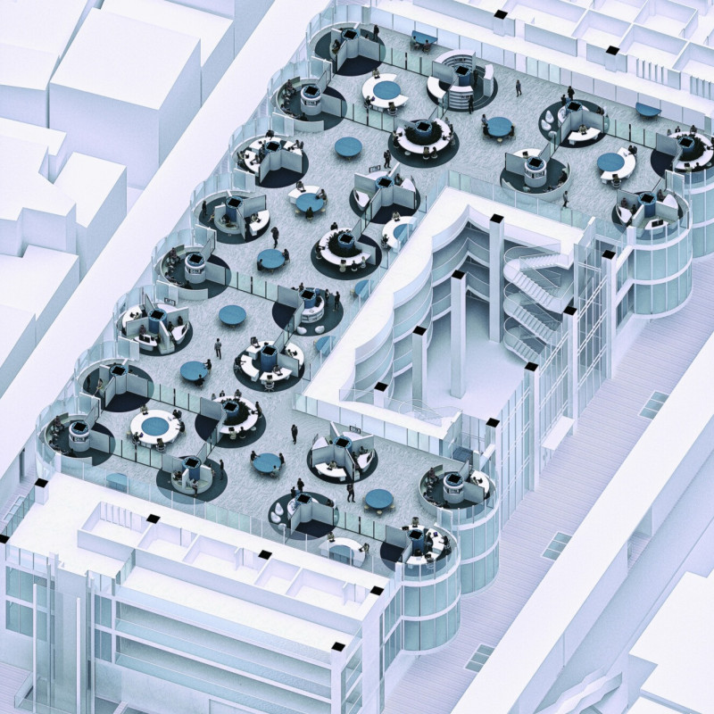 Dynamic Workspace Featuring Rotating Glass Walls and Sustainable Materials