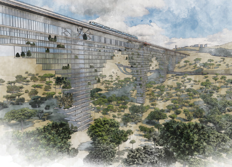 Suspended Living over the Landscape with Glass Facades and Steel Framework