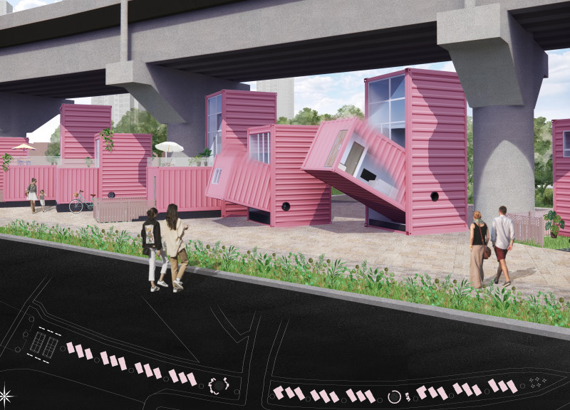 Shipping Container Community Under Elevated Transit Structure