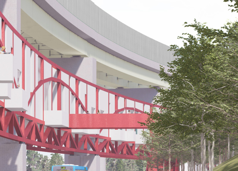 Elevated Steel Trusses and Glass Façade Integrate Residential Units Above Urban Thoroughfare