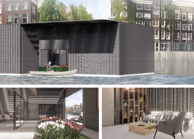 Buoyant Residence Featuring Intricate Brickwork and Asymmetrical Roof Form Overlooking the Canal