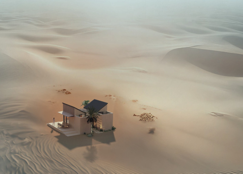 Foldable Facade and Indoor Garden in a Compact Home Constructed with Natural Stone and Nano-Fiber Insulation