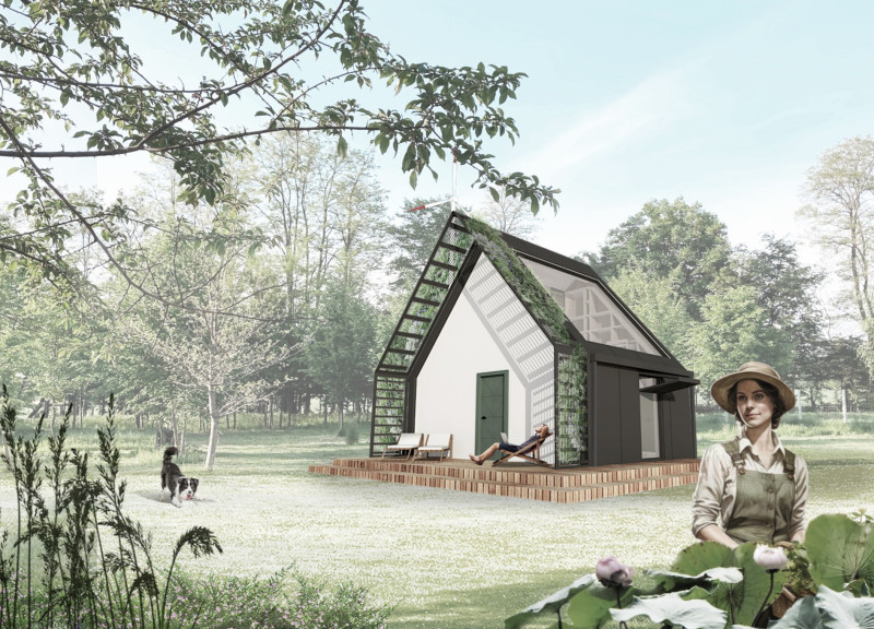 Charred Wooden Shingles and Steel Framework in a Compact Community Shelter